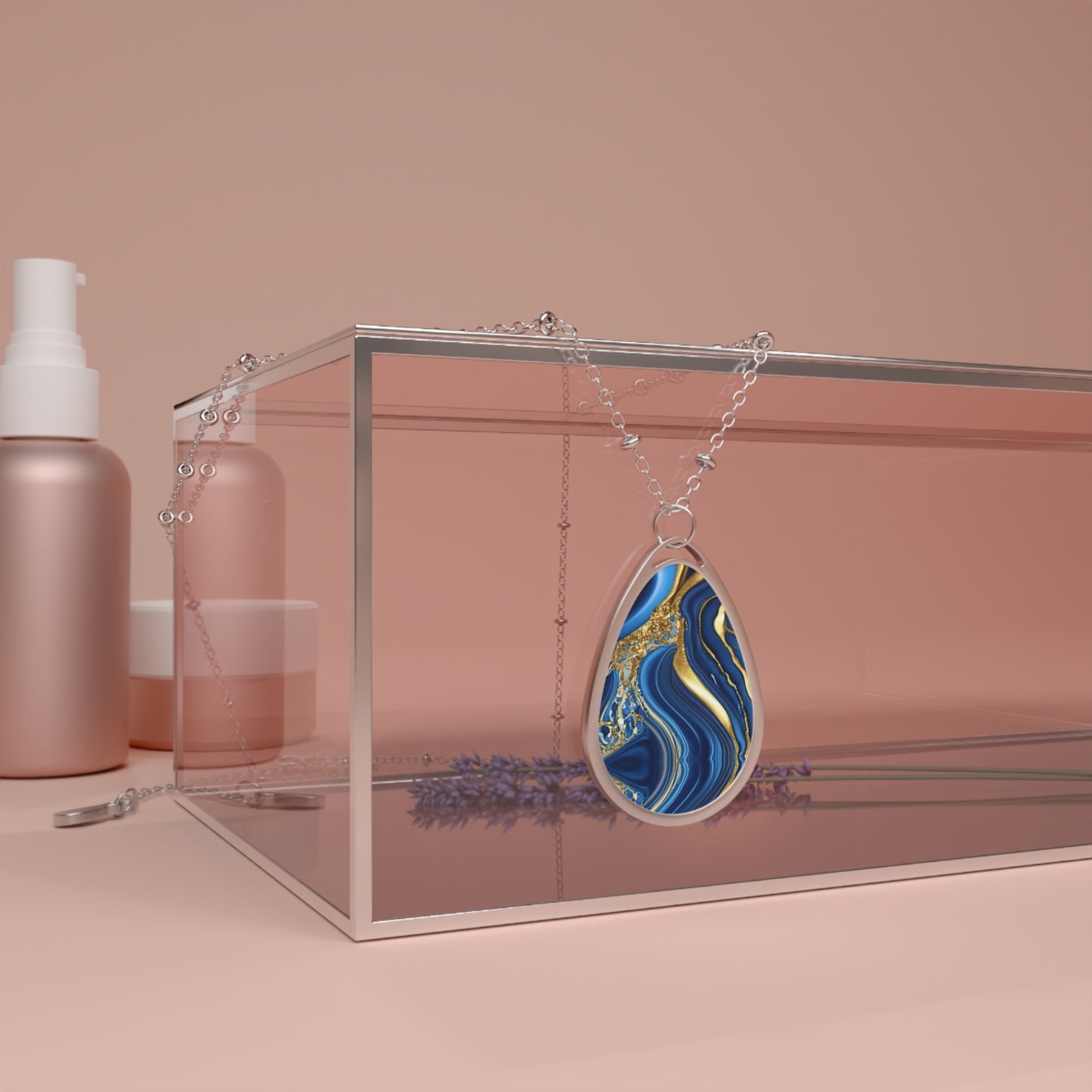 Royal Blue Gold Marble Print, Oval Pendant, Timeless Elegance and Mesmerising Design Necklace, Neckpiece | Royalty Subliminal Messaging