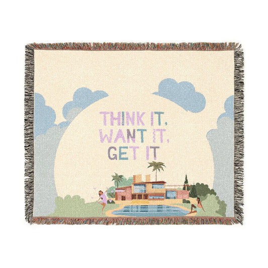 Woven Throw Blanket. Retro Motivational Home Decor. Quote "Think It. Want It. Get It." Antique feel. Motivational conscious gift.