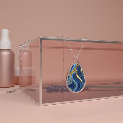 Royal Blue Gold Marble Print, Oval Pendant, Timeless Elegance and Mesmerising Design Necklace, Neckpiece | Royalty Subliminal Messaging