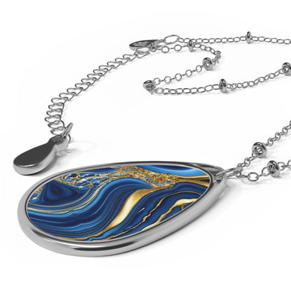 Royal Blue Gold Marble Print, Oval Pendant, Timeless Elegance and Mesmerising Design Necklace, Neckpiece