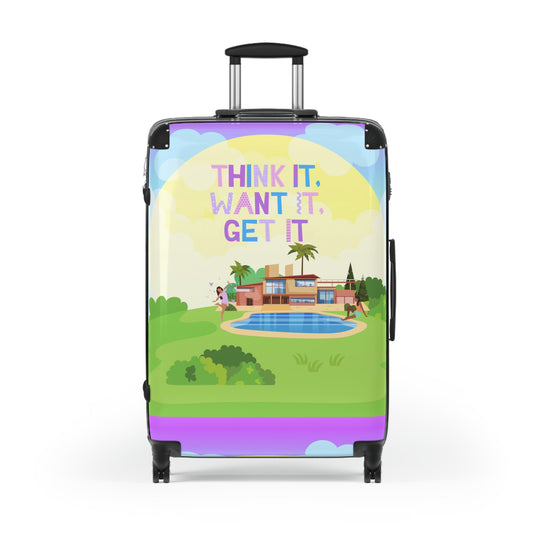 Unique Tech Savvy Travel Suitcase with motivational quote "Think it, want it, get it"