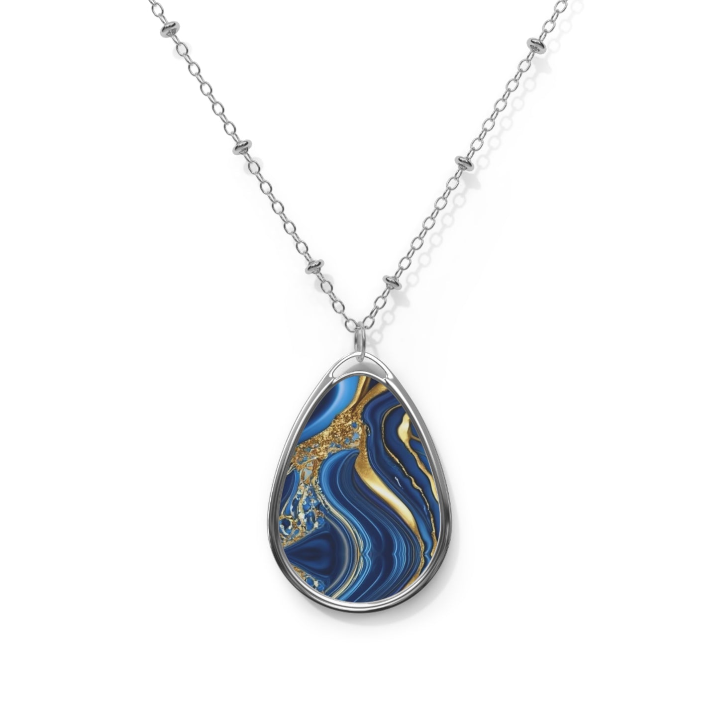 Royal Blue Gold Marble Print, Oval Pendant, Timeless Elegance and Mesmerising Design Necklace, Neckpiece