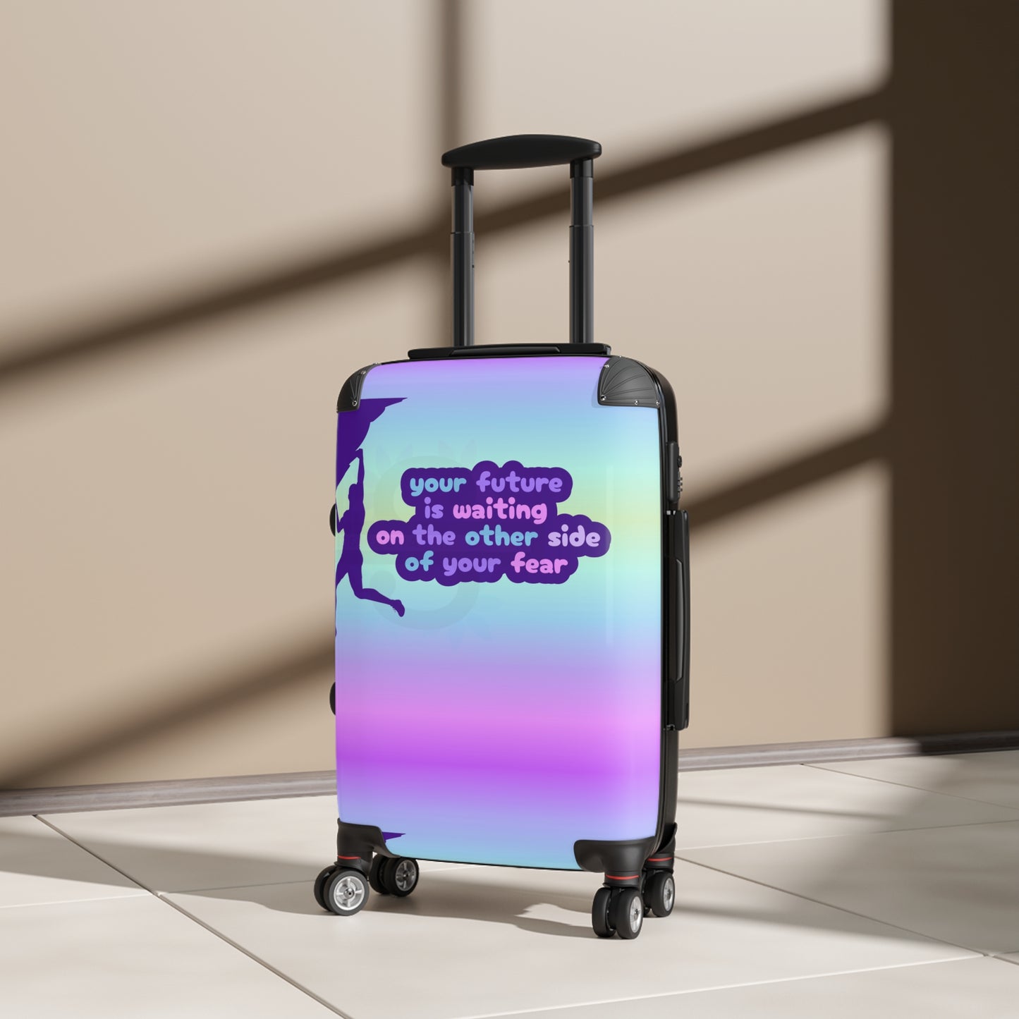 Suitcase with motivational quote "Your future is waiting on the other side of your fear"