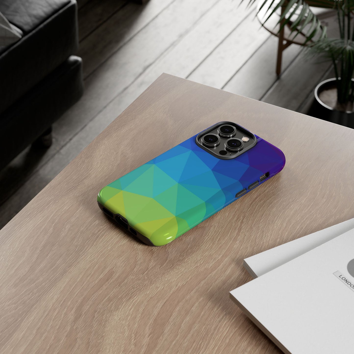 Geometric Gradient Tough Phone Case — Blue Green Polygon Design