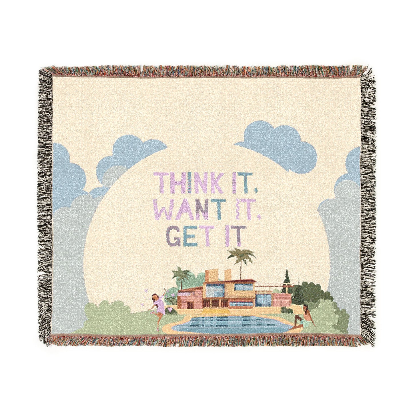 Woven Throw Blanket.  Retro Motivational Home Decor. Quote "Think It. Want It. Get It." Antique feel. Motivational conscious gift.