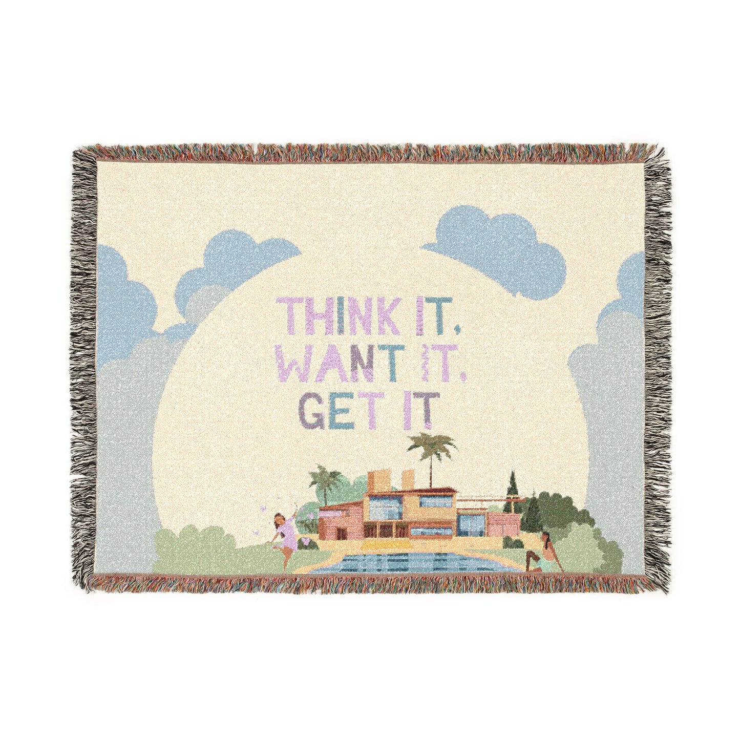 Woven Throw Blanket.  Retro Motivational Home Decor. Quote "Think It. Want It. Get It." Antique feel. Motivational conscious gift.