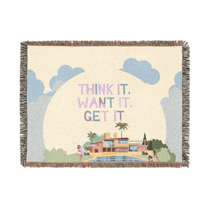 Woven Throw Blanket.  Retro Motivational Home Decor. Quote "Think It. Want It. Get It." Antique feel. Motivational conscious gift.