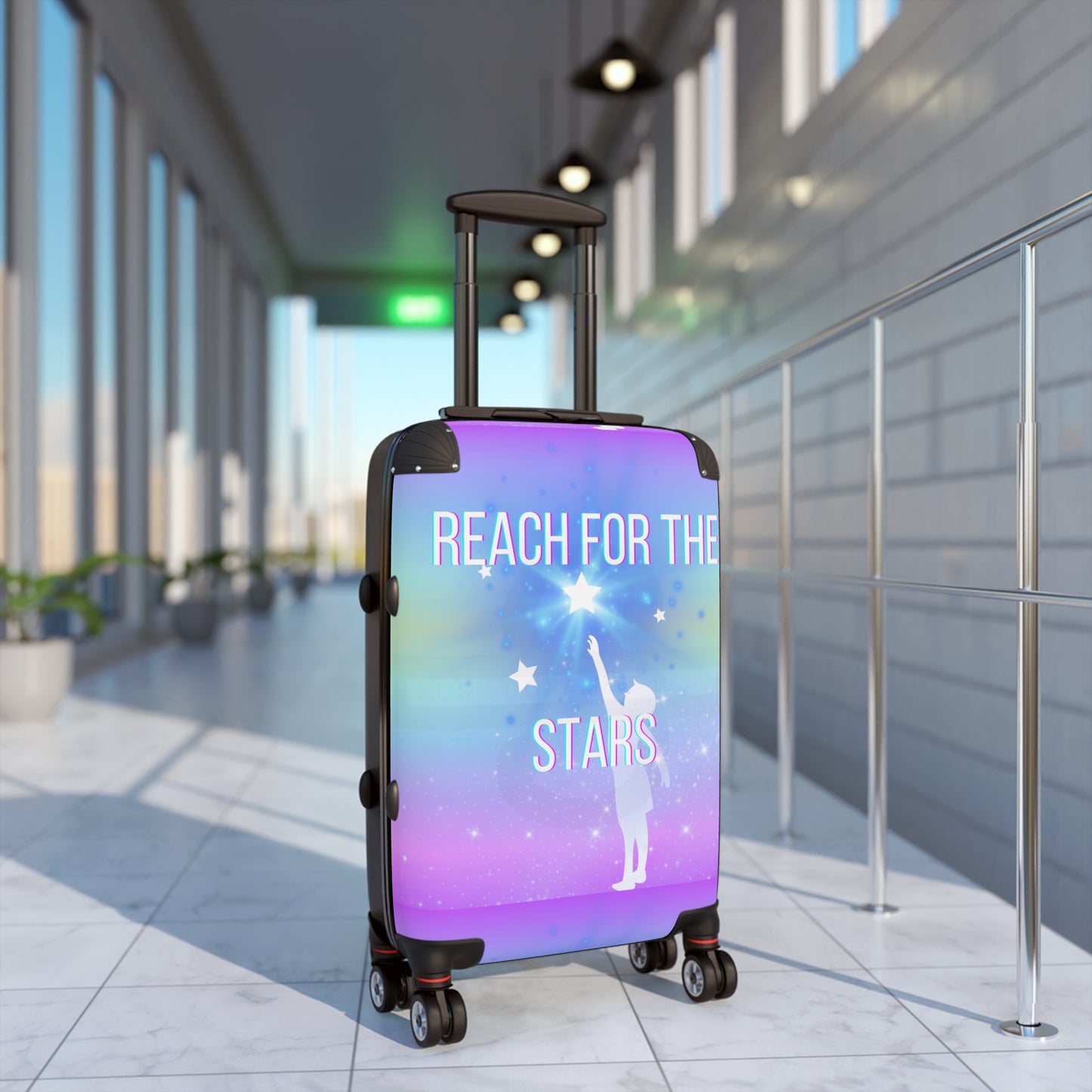 Suitcase with motivational quote "Reach for the stars"