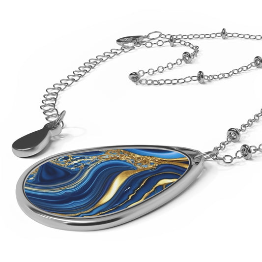 Royal Blue Gold Marble Print, Oval Pendant, Timeless Elegance and Mesmerising Design Necklace, Neckpiece