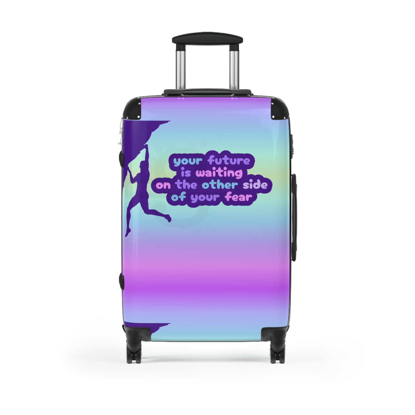 Suitcase with motivational quote "Your future is waiting on the other side of your fear"