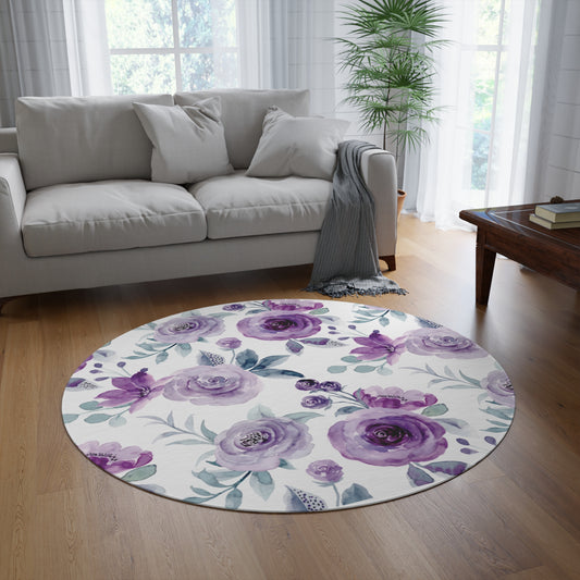 Purple Round Rug, Durable Carpet, Unique rugs for Home Decor, Floral Design