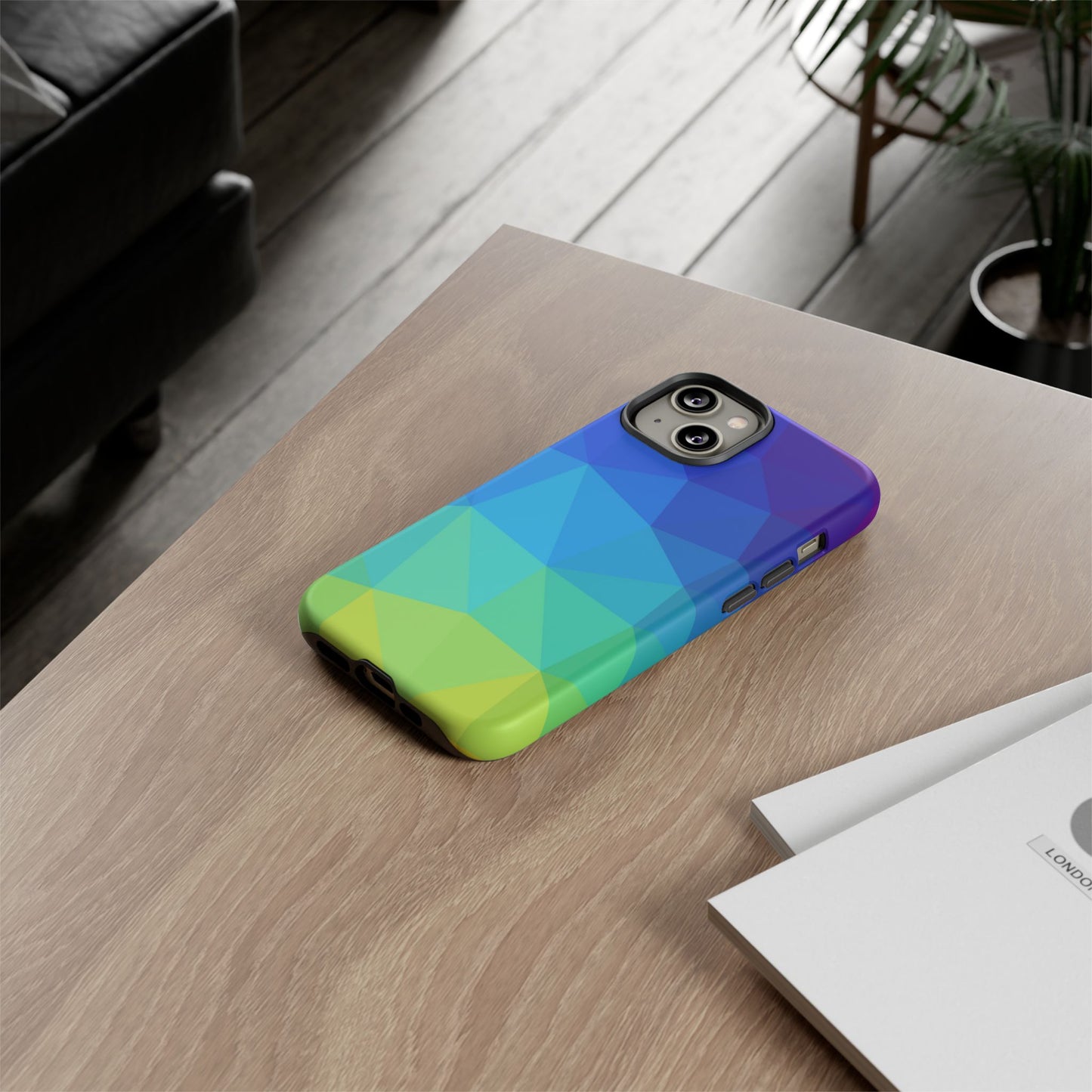 Geometric Gradient Tough Phone Case — Blue Green Polygon Design