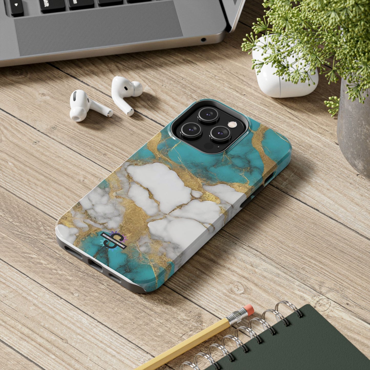 Turqoise Drop Print White Gold Tough Phone Case