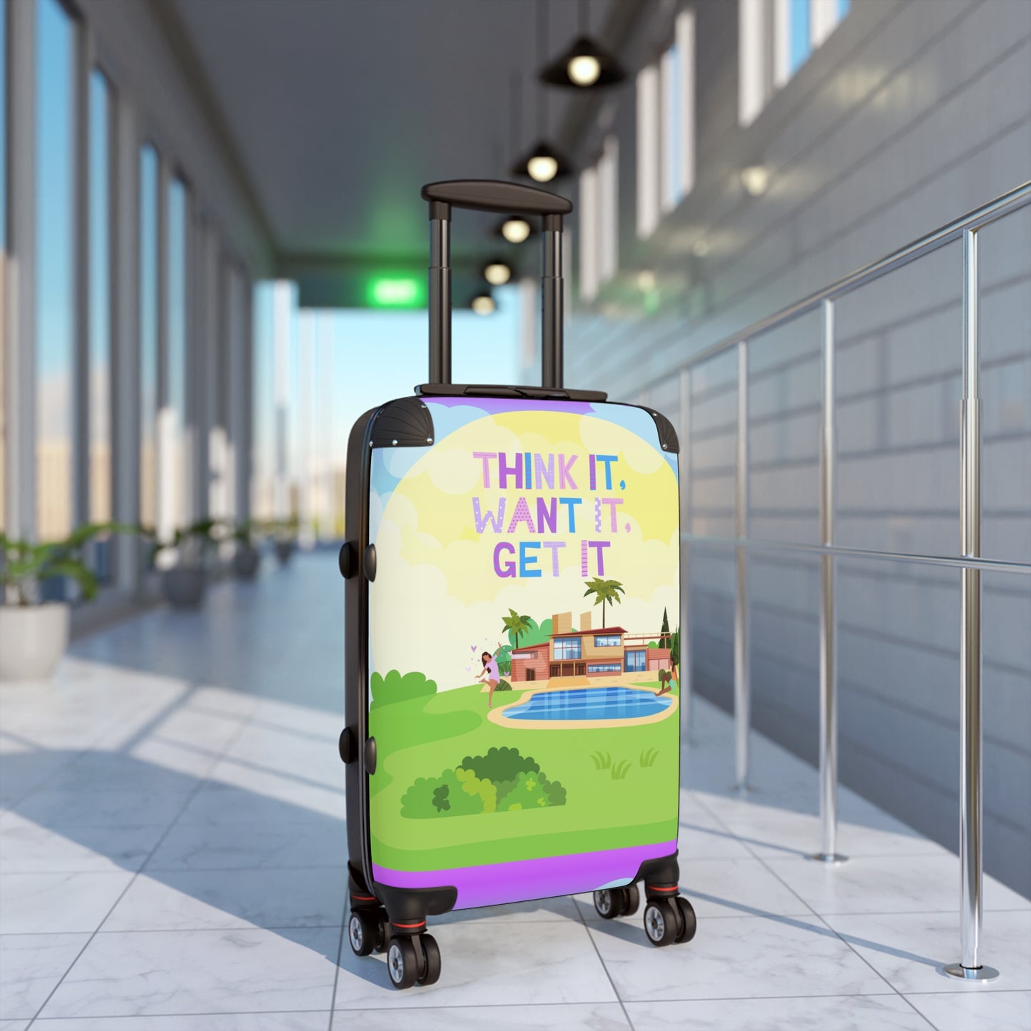 Unique Tech Savvy Travel Suitcase with motivational quote "Think it, want it, get it"