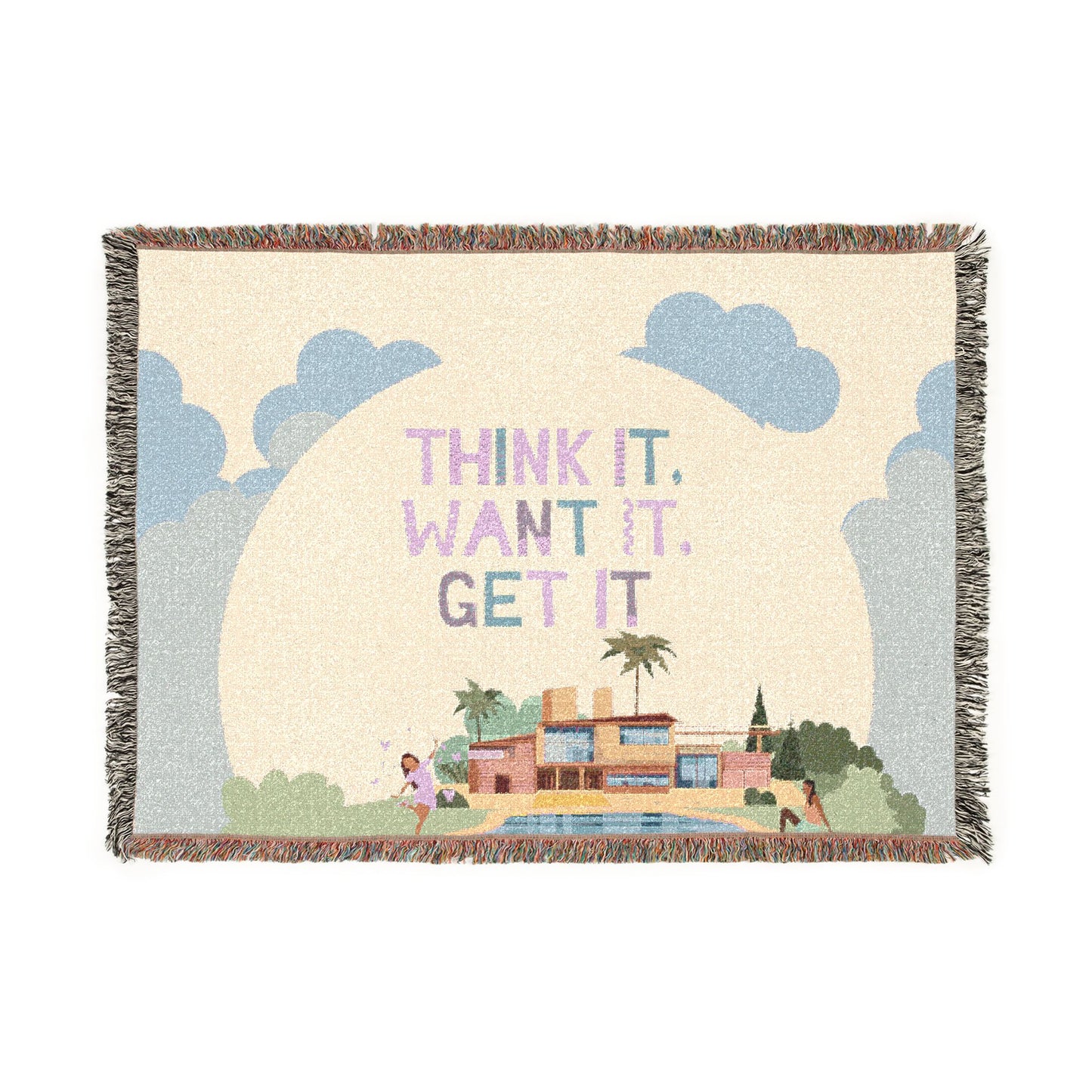 Woven Throw Blanket.  Retro Motivational Home Decor. Quote "Think It. Want It. Get It." Antique feel. Motivational conscious gift.