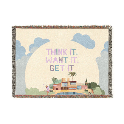 Woven Throw Blanket.  Retro Motivational Home Decor. Quote "Think It. Want It. Get It." Antique feel. Motivational conscious gift.