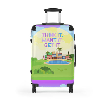 Unique Tech Savvy Travel Suitcase with motivational quote "Think it, want it, get it"