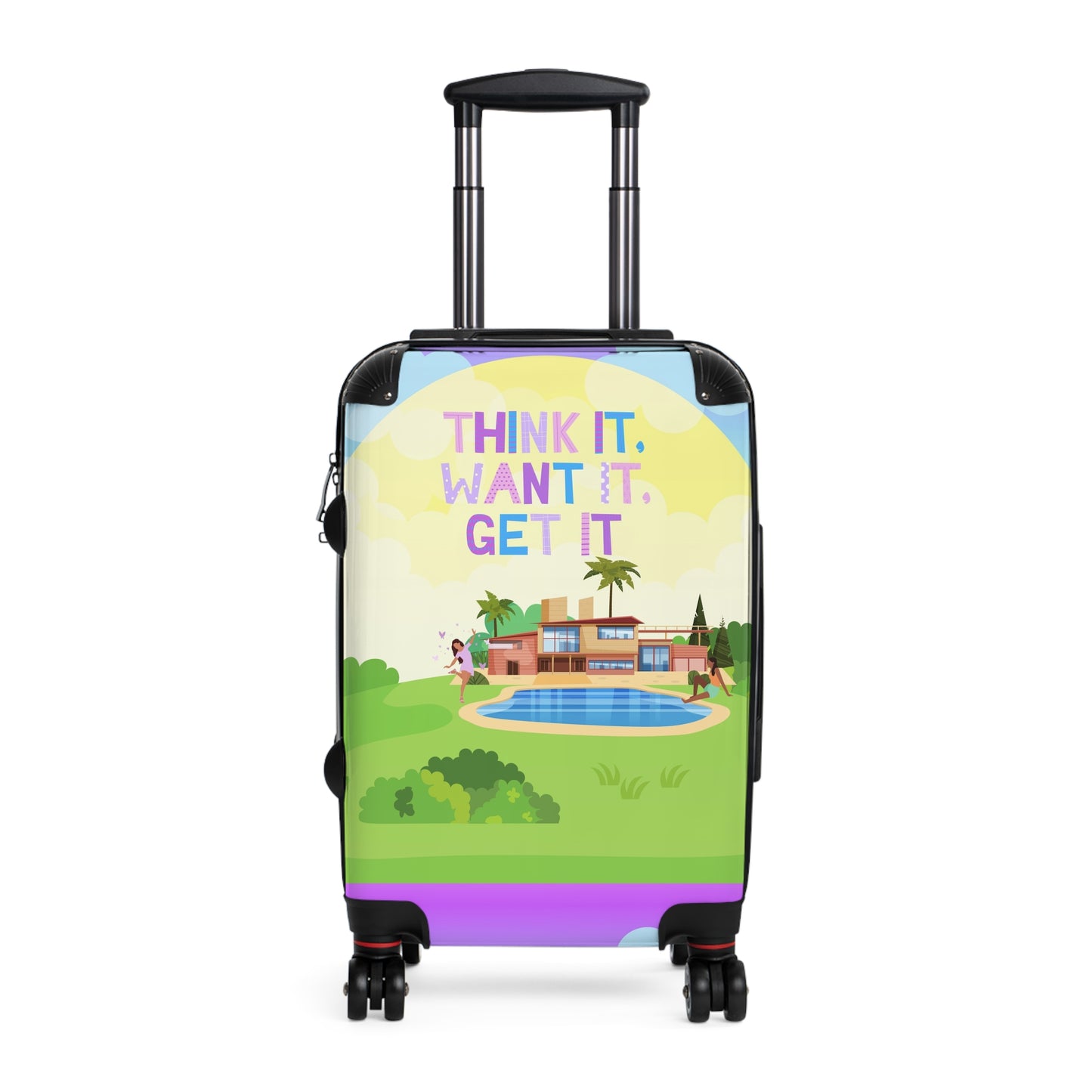 Unique Tech Savvy Travel Suitcase with motivational quote "Think it, want it, get it"