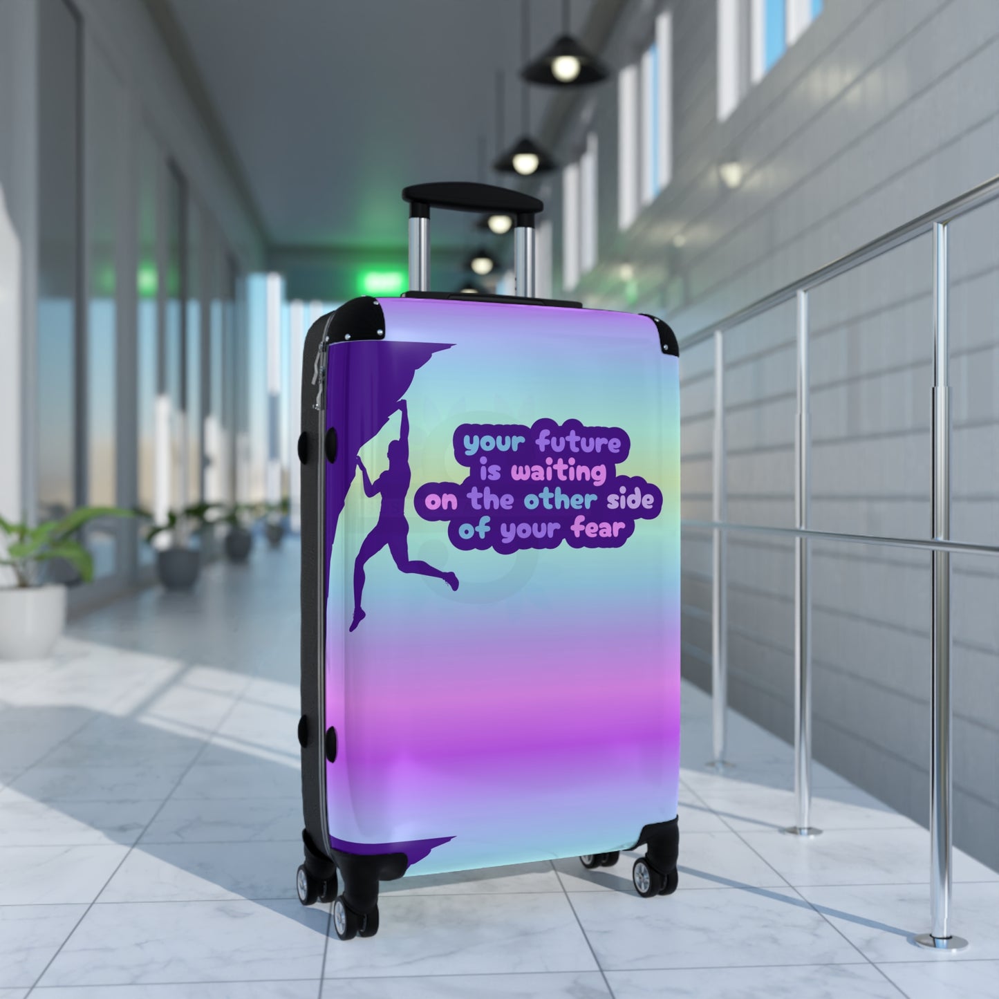 Suitcase with motivational quote "Your future is waiting on the other side of your fear"