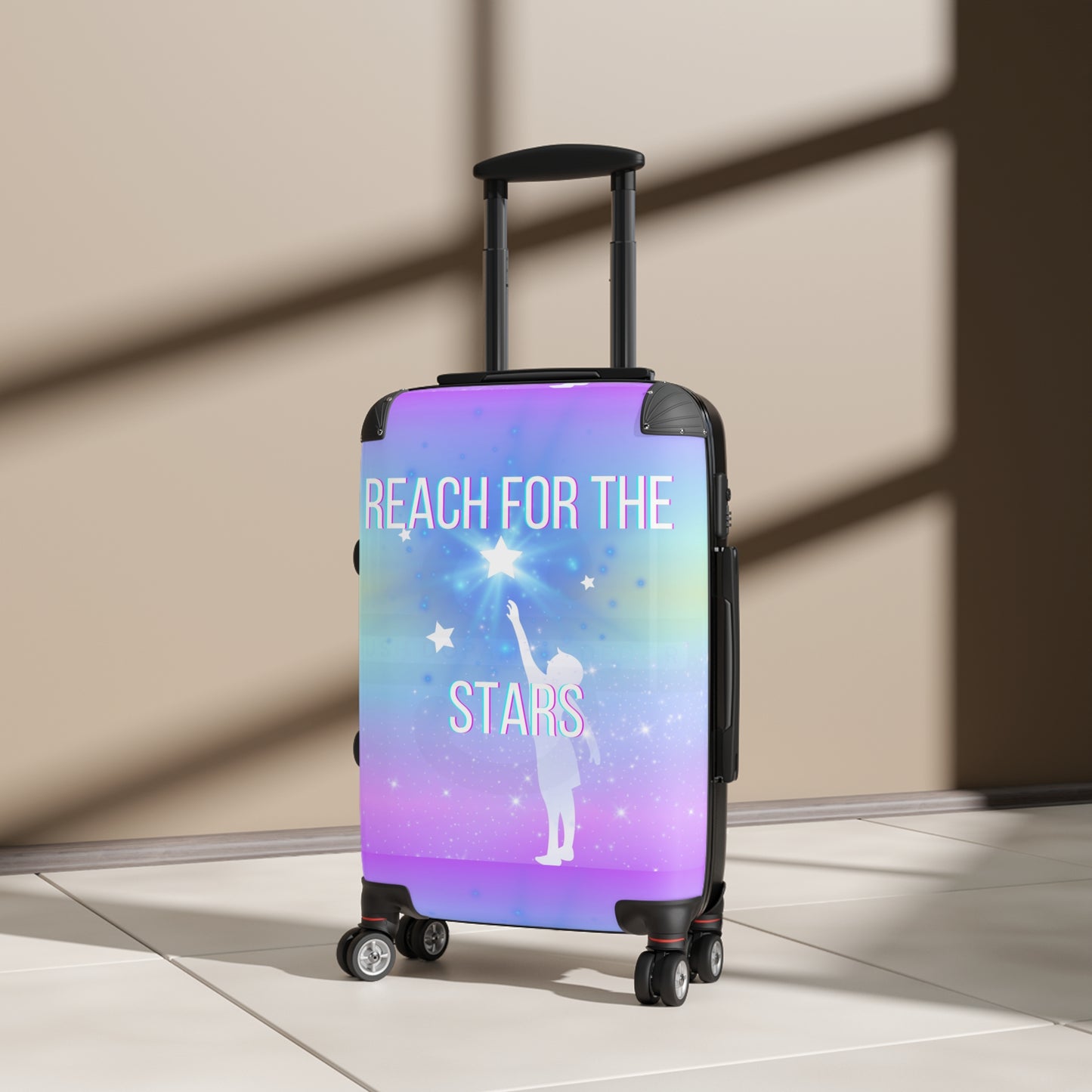 Suitcase with motivational quote "Reach for the stars"