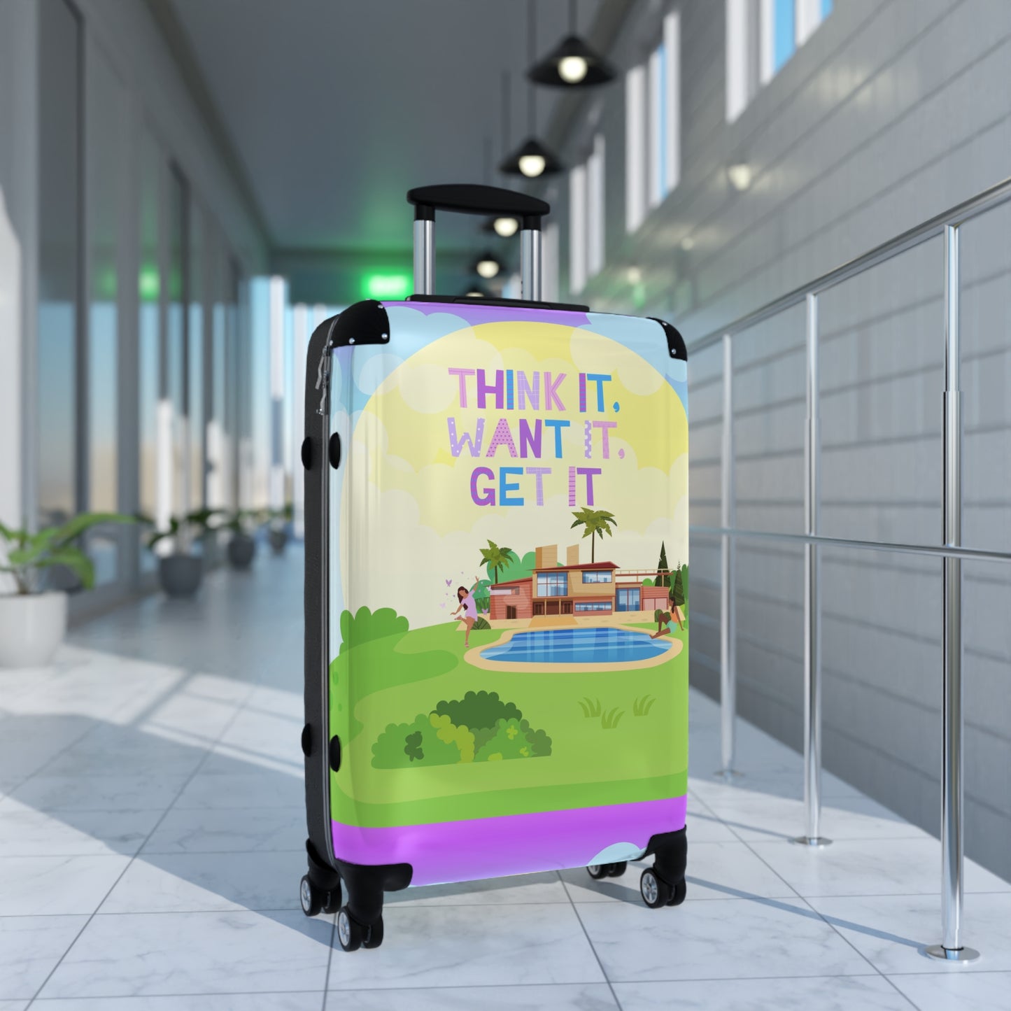 Unique Tech Savvy Travel Suitcase with motivational quote "Think it, want it, get it"