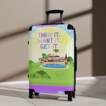 Unique Tech Savvy Travel Suitcase with motivational quote "Think it, want it, get it"