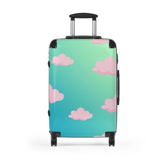 Green Travel Bag with Pink Clouds, Bright Suitcase, Gradient Cabin Bag, Durable travel suitcase