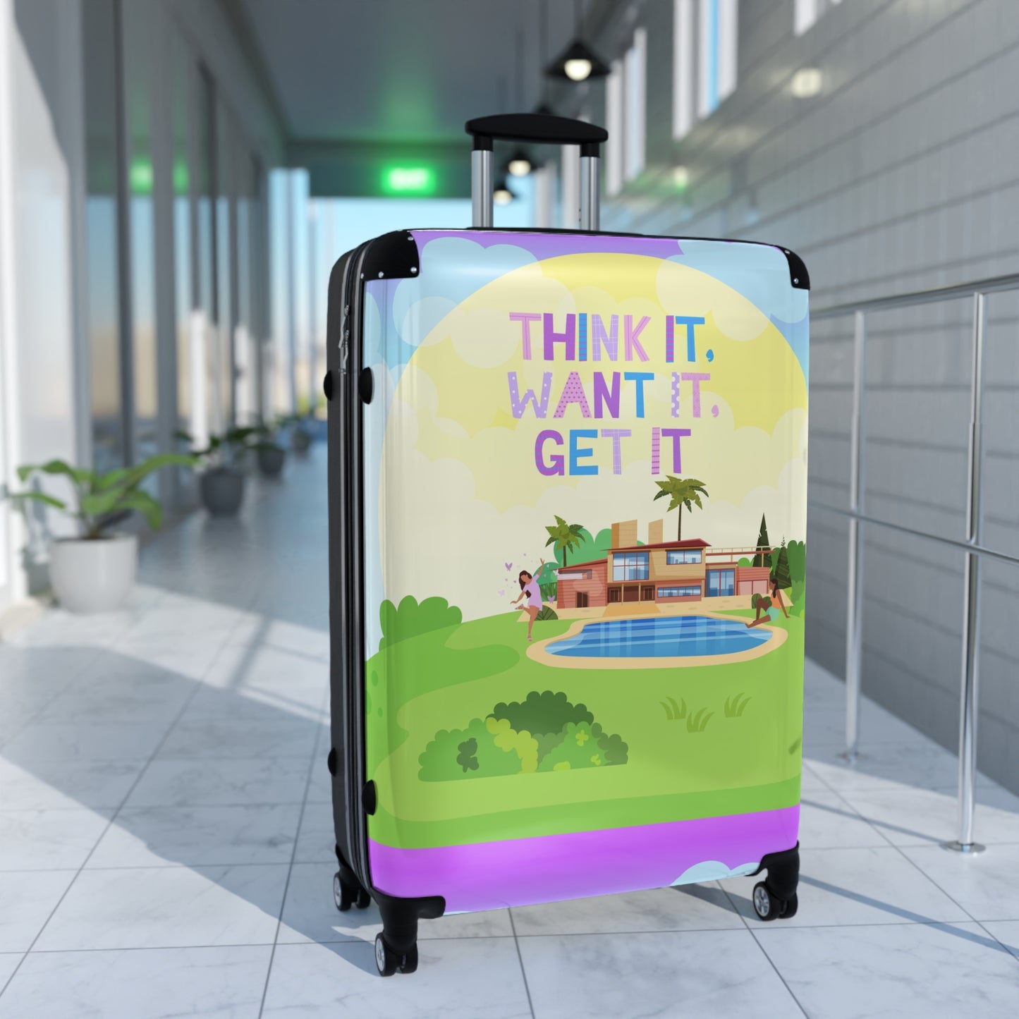 Unique Tech Savvy Travel Suitcase with motivational quote "Think it, want it, get it"