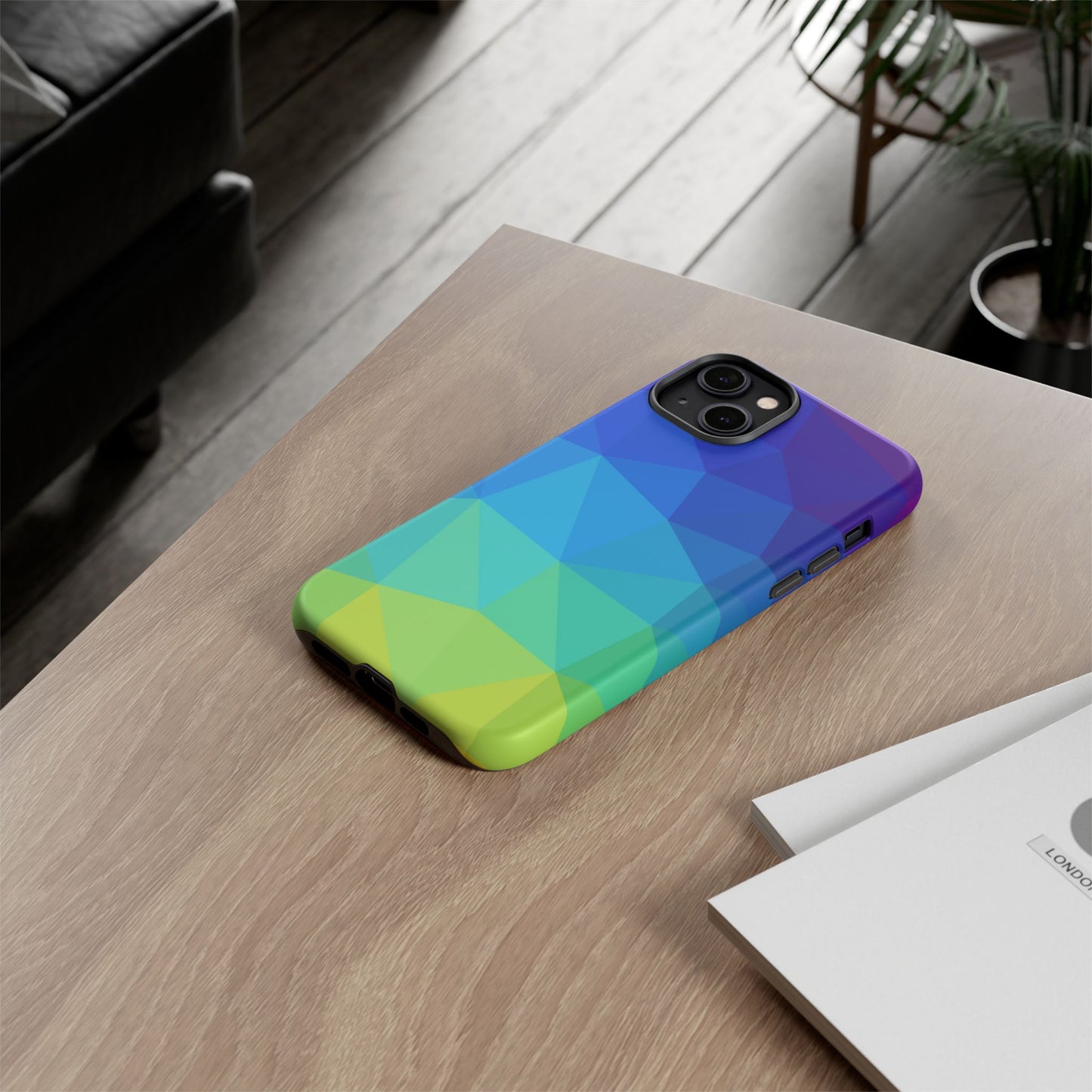 Geometric Gradient Tough Phone Case — Blue Green Polygon Design