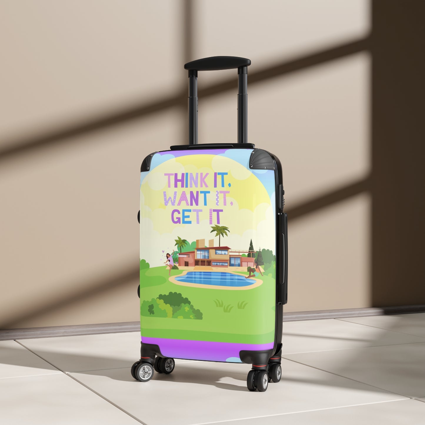 Unique Tech Savvy Travel Suitcase with motivational quote "Think it, want it, get it"