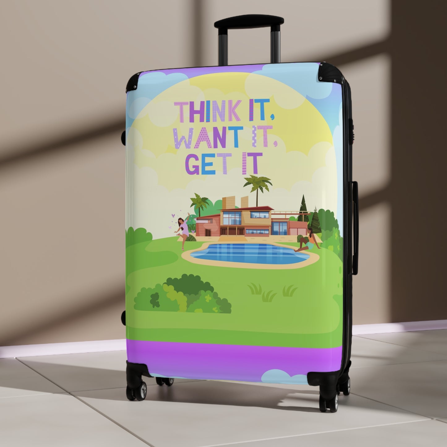 Unique Tech Savvy Travel Suitcase with motivational quote "Think it, want it, get it"