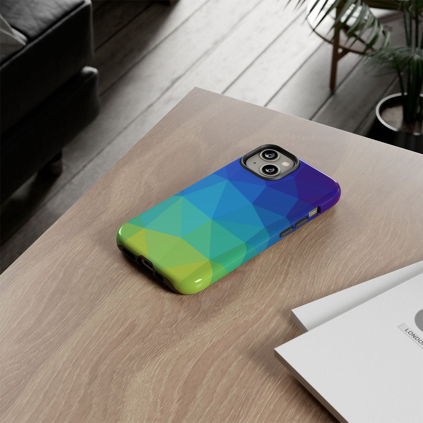 Geometric Gradient Tough Phone Case — Blue Green Polygon Design