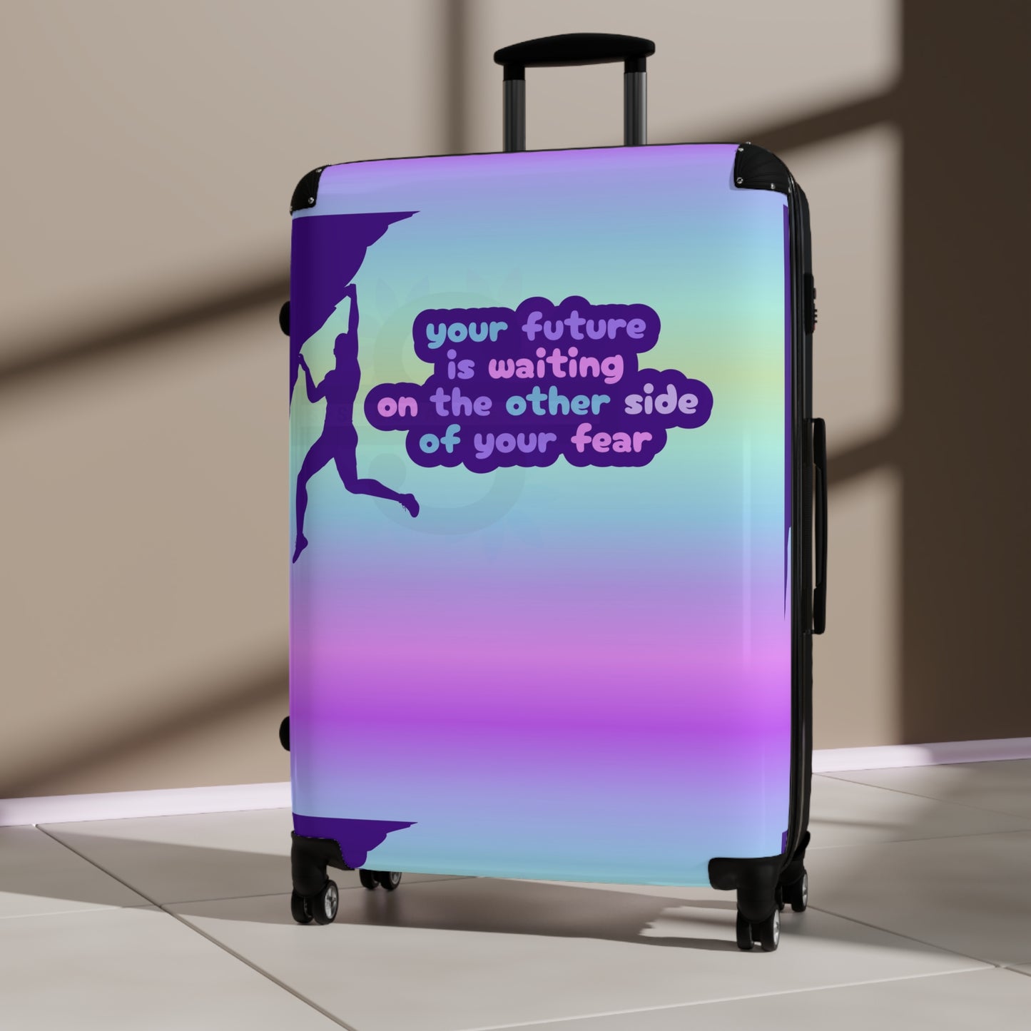 Suitcase with motivational quote "Your future is waiting on the other side of your fear"