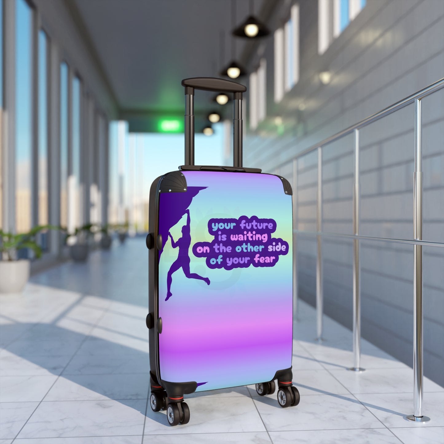 Suitcase with motivational quote "Your future is waiting on the other side of your fear"