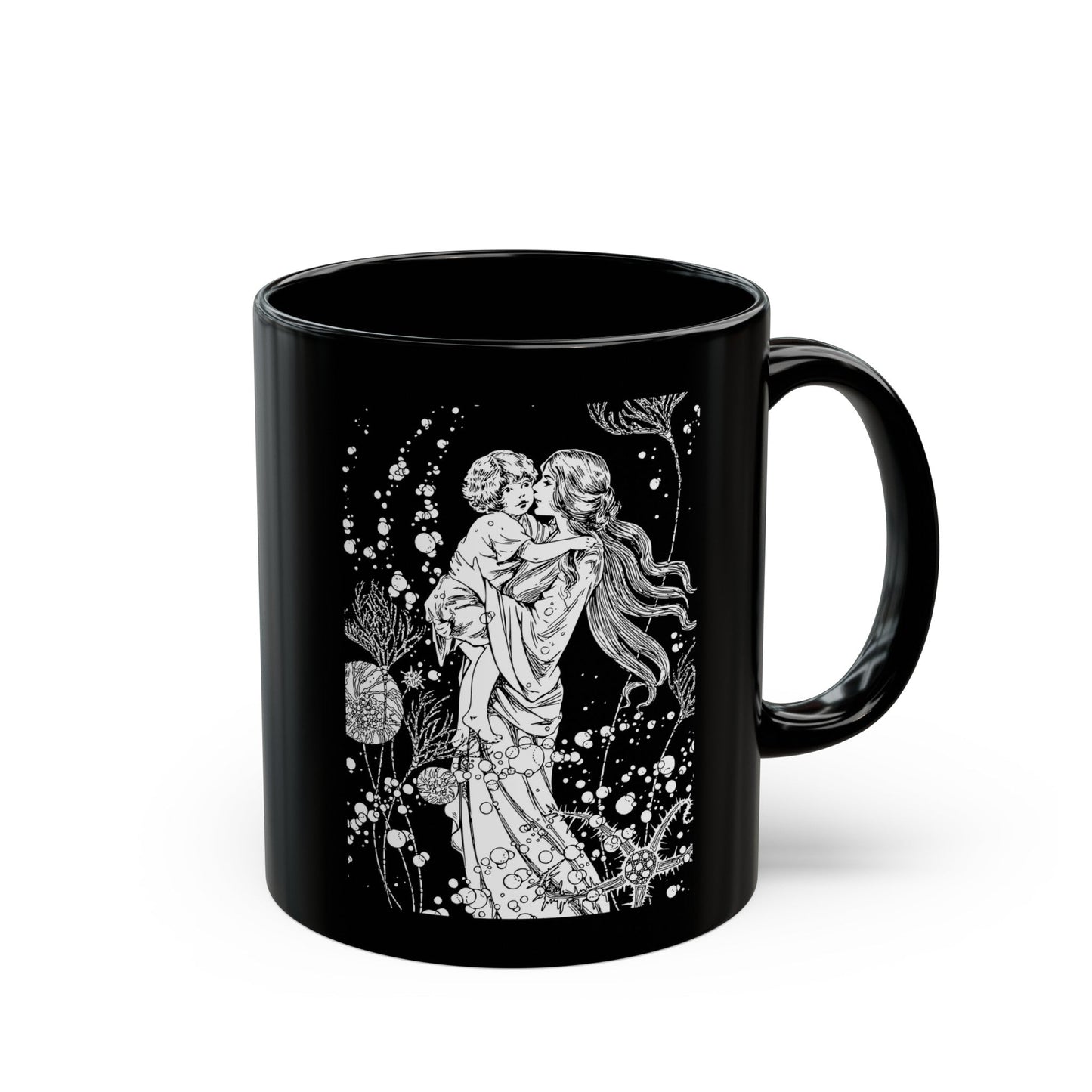 Black and White Coffee Mug (11oz, 15oz), Mother's Day Gift, Mother and Child ArtSush Dopamine Decor