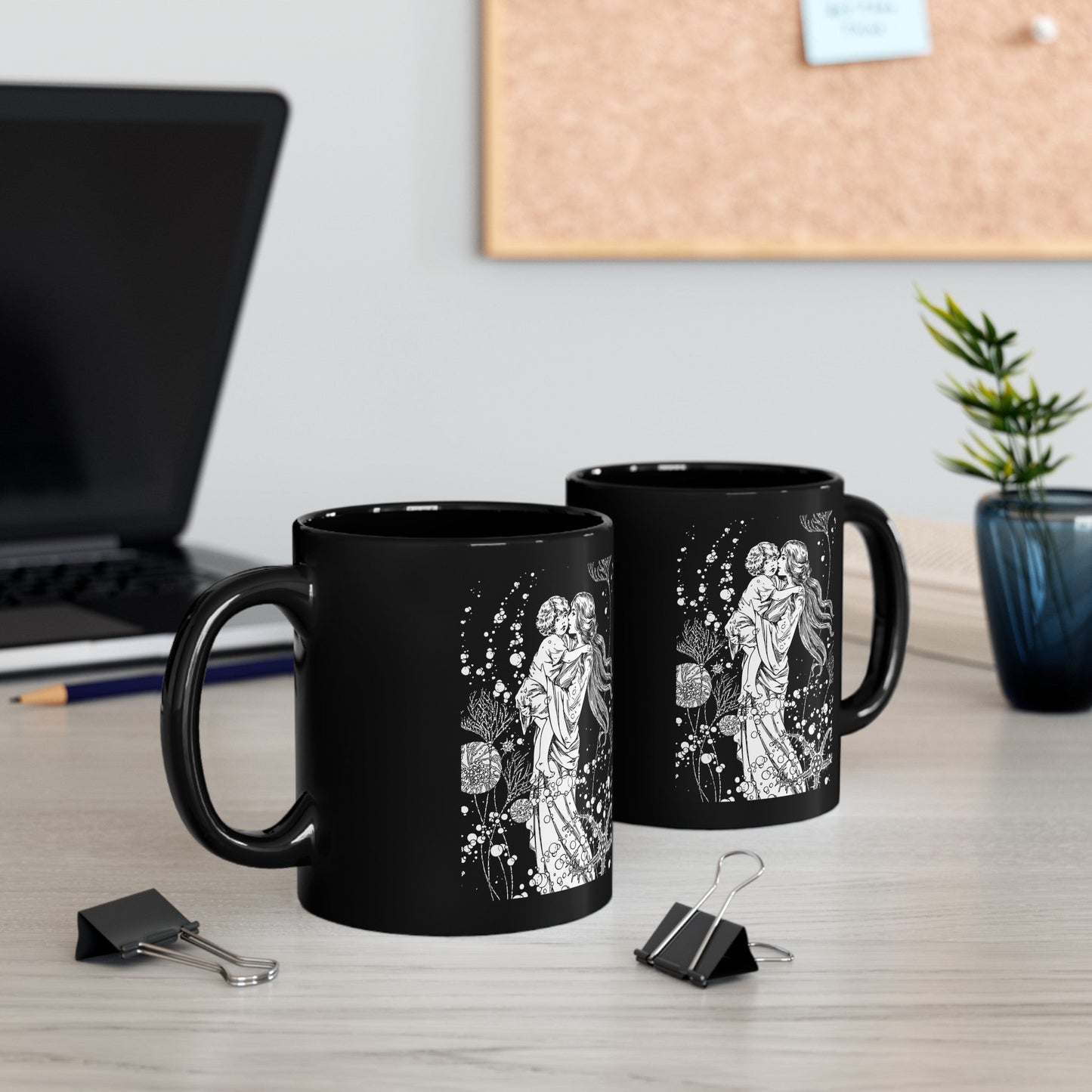 Black and White Coffee Mug (11oz, 15oz), Mother's Day Gift, Mother and Child ArtSush Dopamine Decor