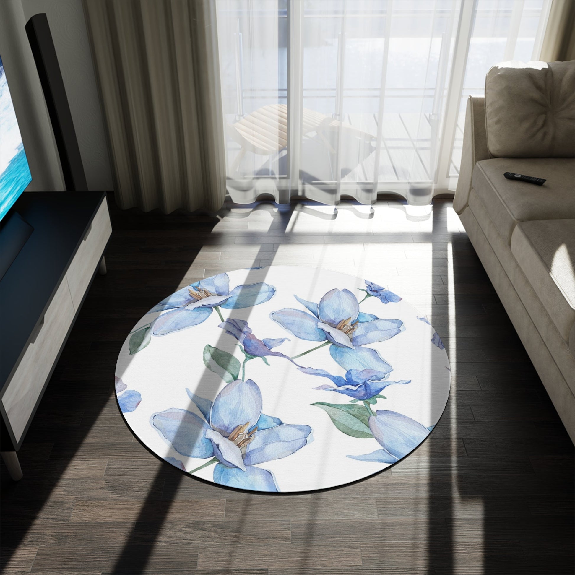 Blue and White Floral Print Round Rug, Amazing Carpet Home DecorSush Dopamine Decor