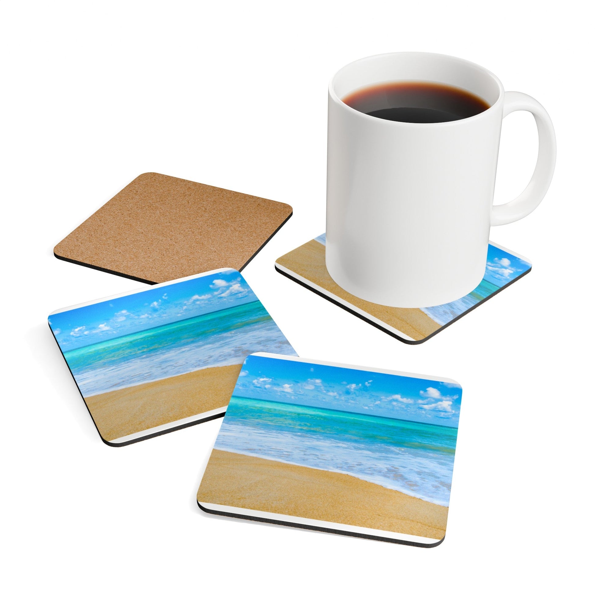 Blue Beach Print Corkwood Coaster Set | Home DecorSush Dopamine Decor