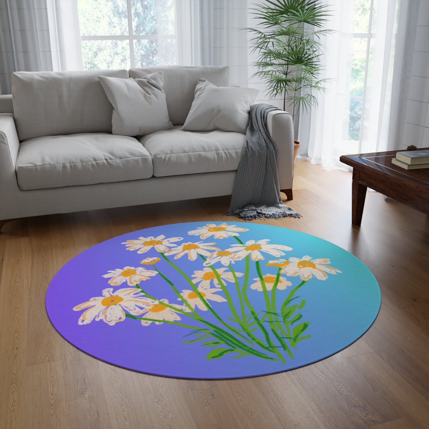 Bright Blue Gradient Floral Print Round Rug | Home DecorSush Dopamine Decor