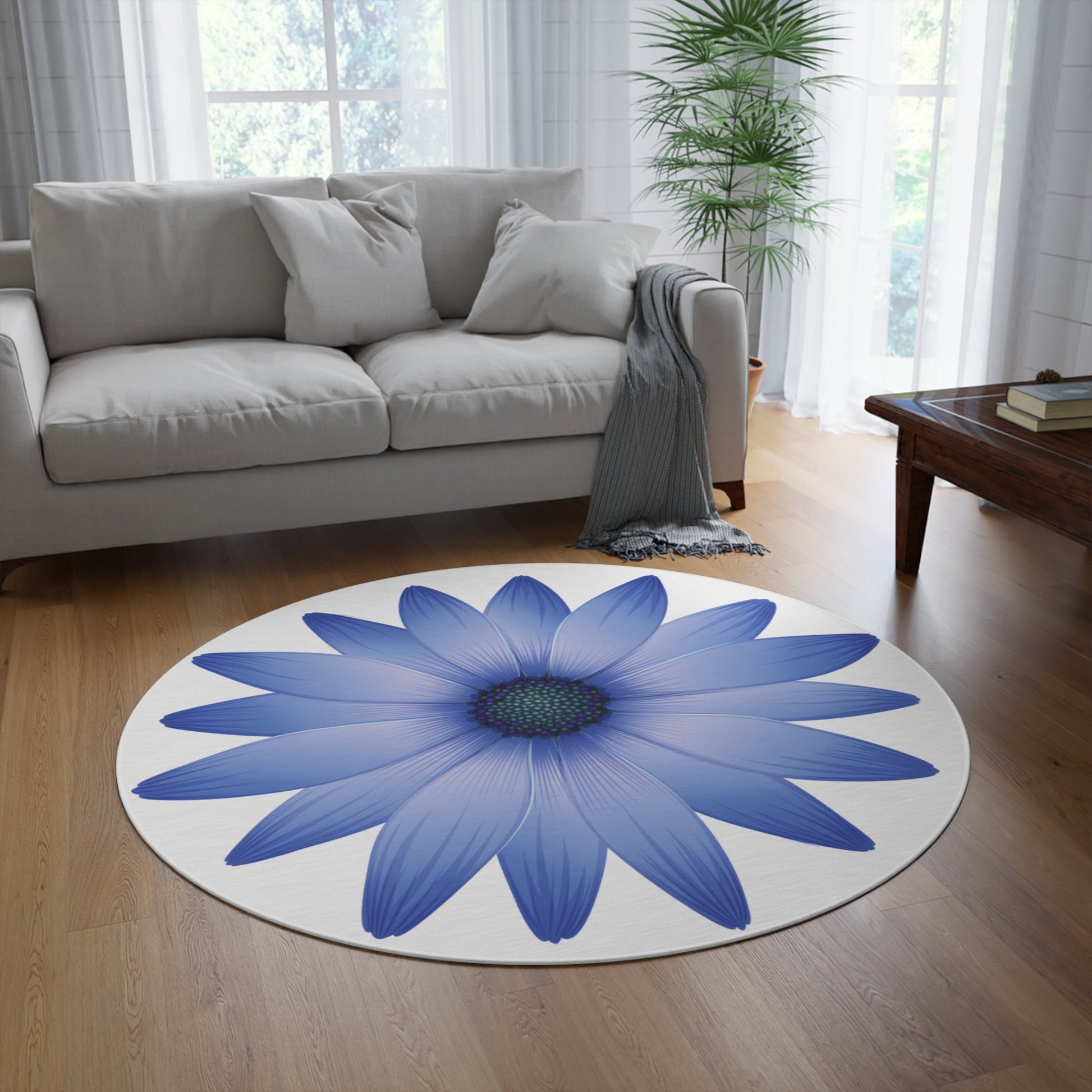 Floral Blue Print Round Rug, Floral Carpet Design, Home Decor Rug, Soft and LightweightSush Dopamine Decor