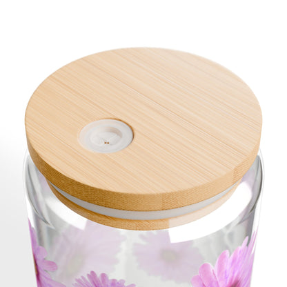 Floral Pink Jar with Lid, 16oz, To - go Cup, Take Away Tumbler, Durable, BPA Free and FDA certified, Sipper GlassSush Dopamine Decor