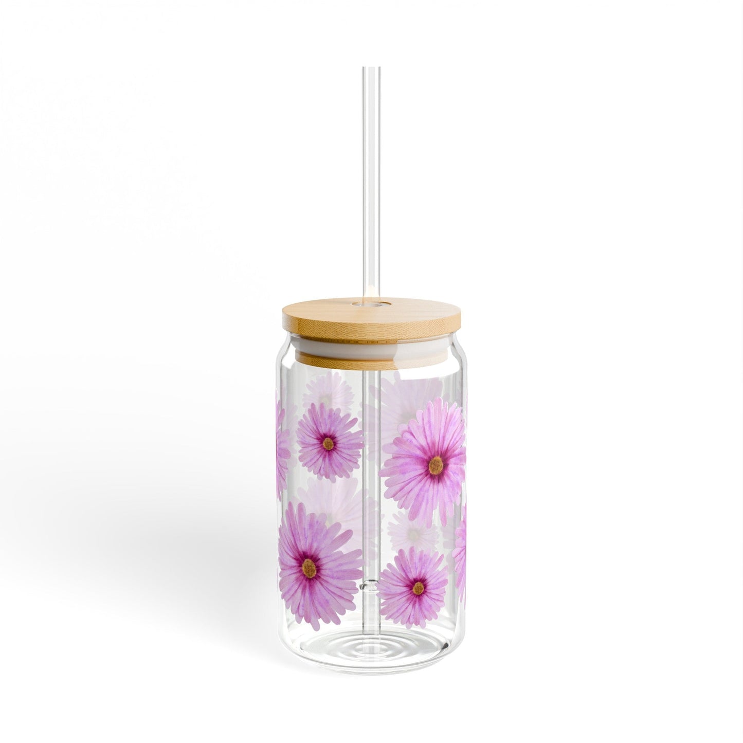 Floral Pink Jar with Lid, 16oz, To - go Cup, Take Away Tumbler, Durable, BPA Free and FDA certified, Sipper GlassSush Dopamine Decor