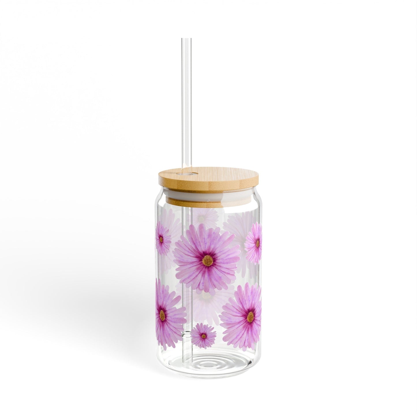 Floral Pink Jar with Lid, 16oz, To - go Cup, Take Away Tumbler, Durable, BPA Free and FDA certified, Sipper GlassSush Dopamine Decor