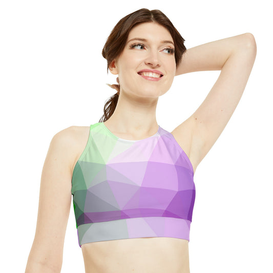 Geometric Green Purple design Crop Bikini Top (AOP), High Neck , Stretchy Fabric, Removable cups for ApparelsSush Dopamine Decor