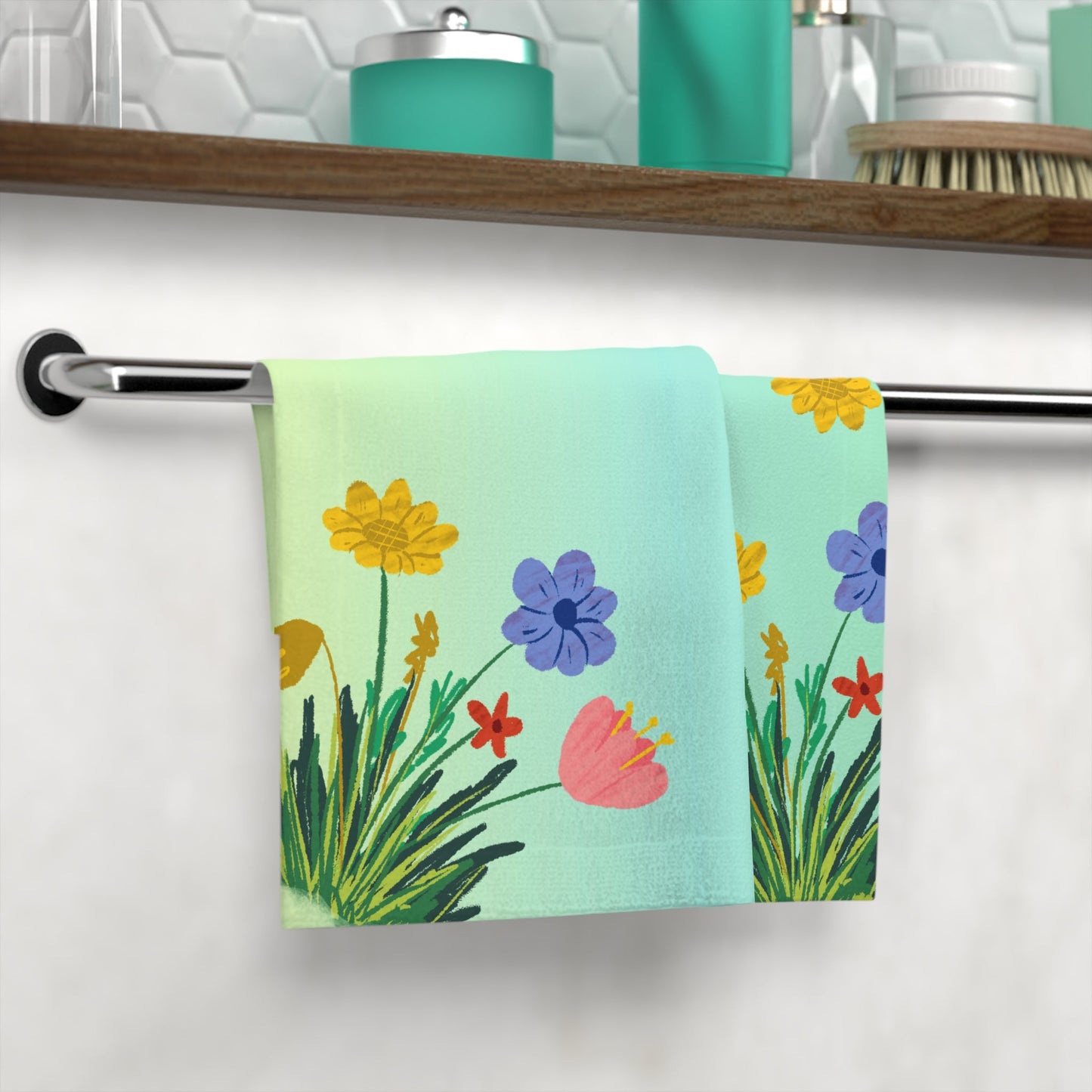 Green Floral Design Towel, Adorable Lightweight Face Towel, Soft Wash Cloth, ApparelsSush Dopamine Decor