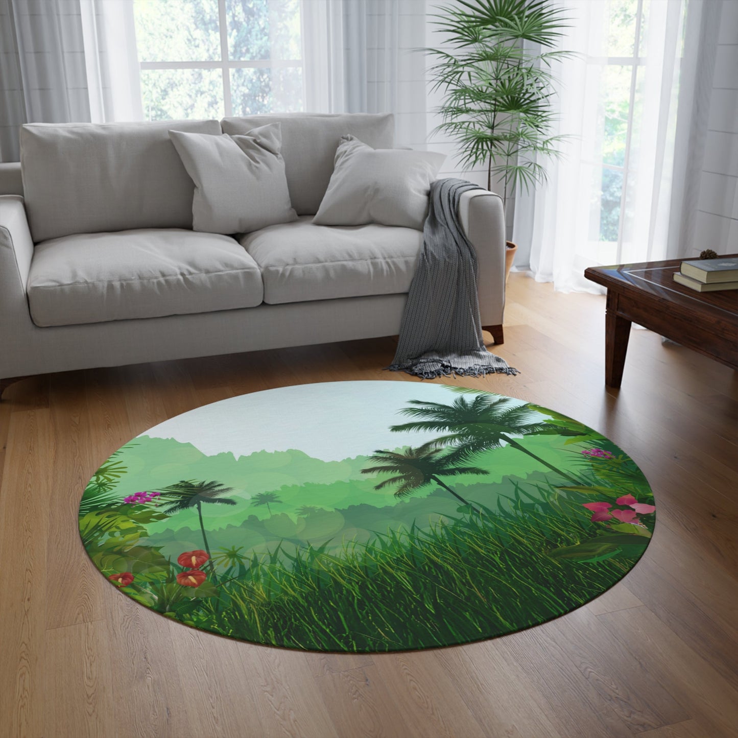 Green Nature Lovers Round Rug, Green Landscape Carpet, Modern Home DecorSush Dopamine Decor