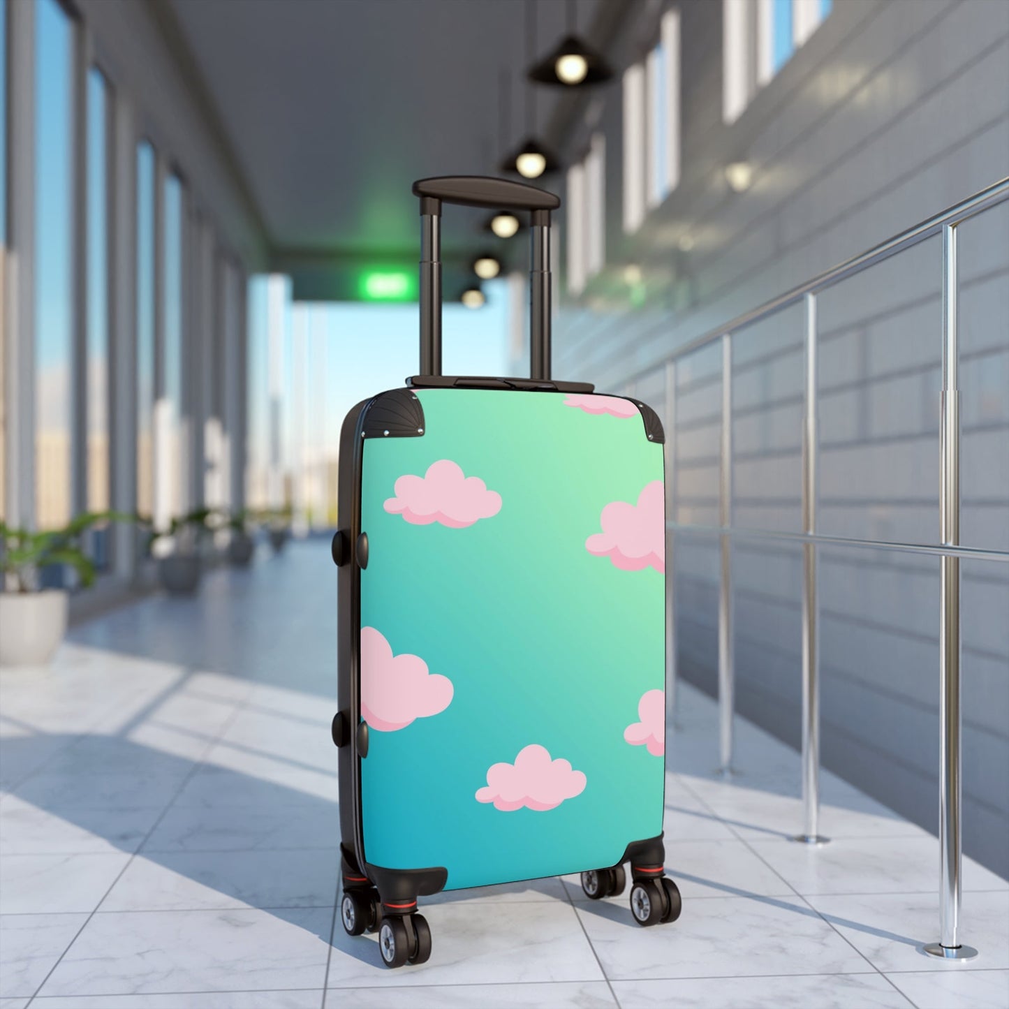 Green Travel Bag with Pink Clouds, Bright Suitcase, Gradient Cabin Bag, Durable travel suitcaseSush Dopamine Decor