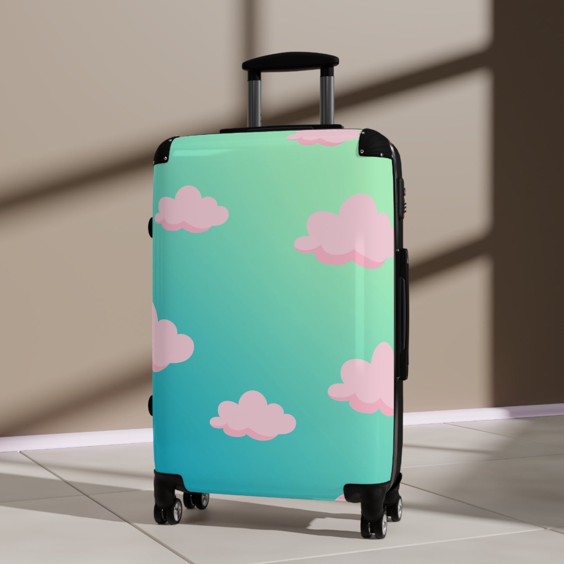 Green Travel Bag with Pink Clouds, Bright Suitcase, Gradient Cabin Bag, Durable travel suitcaseSush Dopamine Decor