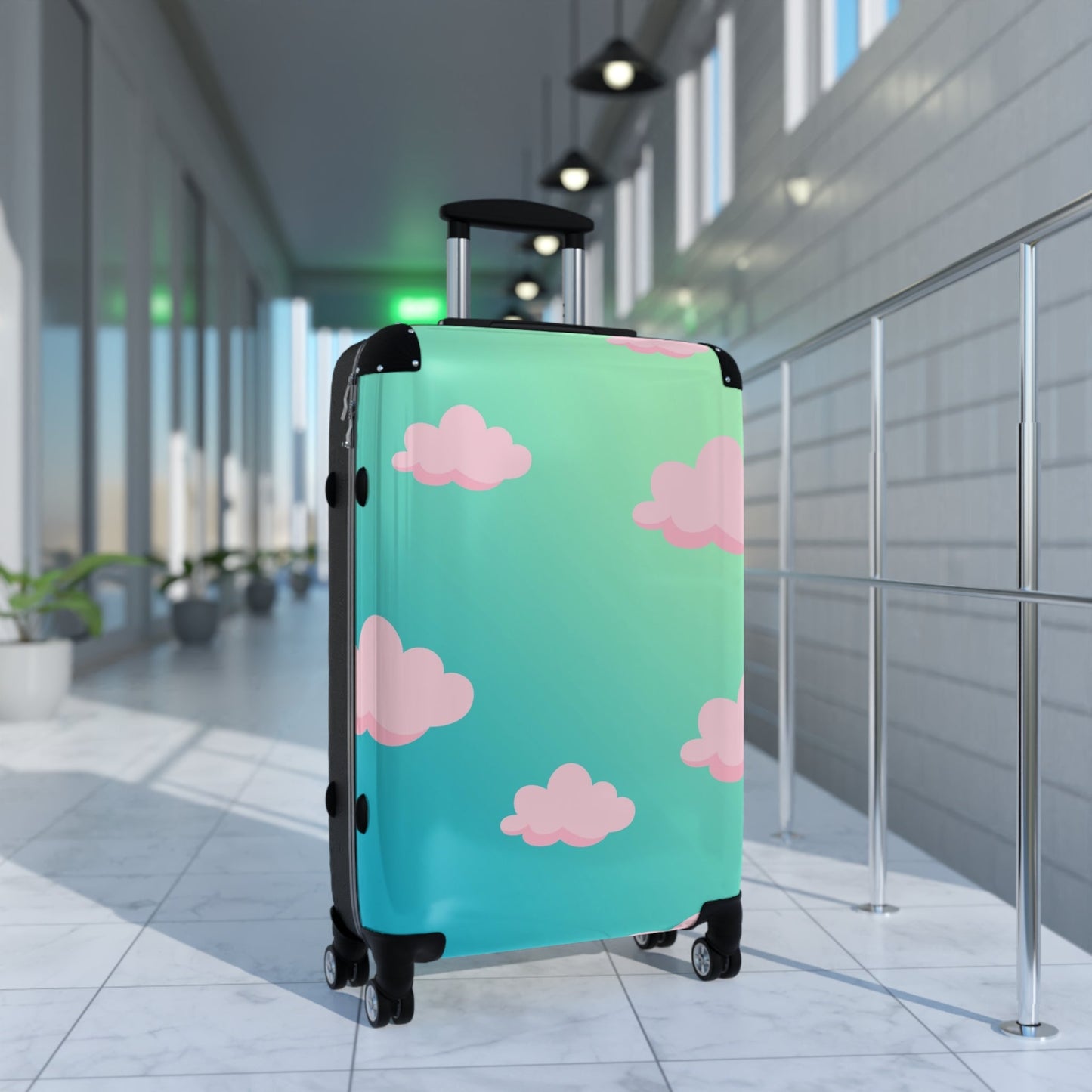 Green Travel Bag with Pink Clouds, Bright Suitcase, Gradient Cabin Bag, Durable travel suitcaseSush Dopamine Decor