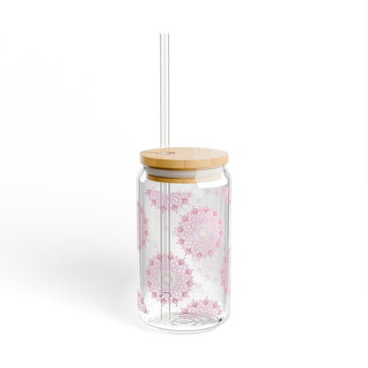 Light Pink Mandala Sippy Cup, Sipper Jar with Lid, 16oz, To - go Cup, Take Away Mug, Durable, BPA Free and FDA certified, Sipper GlassSush Dopamine Decor